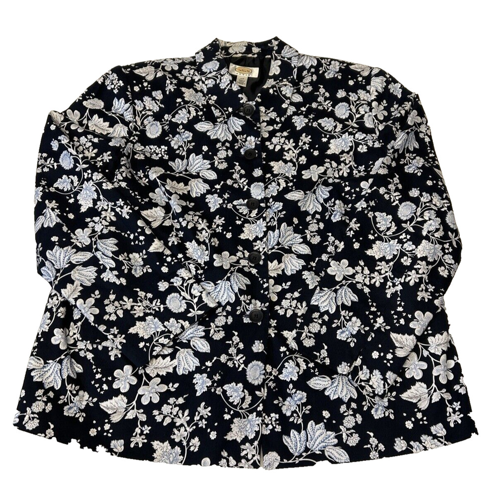 Talbots Womens Casual Blazer 12W Navy Blue White Floral Career Jacket Pockets